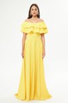 Sarı Uzun Düşük Omuz Çift Kat Fırfır Detay Carmen Yaka Kloş Abiye Elbise