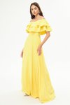 Sarı Uzun Düşük Omuz Çift Kat Fırfır Detay Carmen Yaka Kloş Abiye Elbise