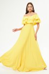 Sarı Uzun Düşük Omuz Çift Kat Fırfır Detay Carmen Yaka Kloş Abiye Elbise