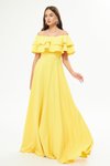 Sarı Uzun Düşük Omuz Çift Kat Fırfır Detay Carmen Yaka Kloş Abiye Elbise