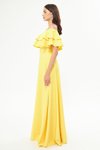 Sarı Uzun Düşük Omuz Çift Kat Fırfır Detay Carmen Yaka Kloş Abiye Elbise