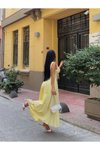 Sarı Uzun Kalın Askılı Büzgü Detaylı Korsaj Form Elbise