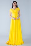 Sarı Uzun Kayık Kruvaze Yaka Düşük Omuz Dokuma Dökümlü Kumaş Abiye Elbise