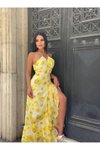 Sarı Uzun Şifon Çiçek Desenli Premium Fırfırlı Elbise
