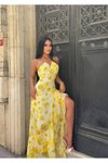 Sarı Uzun Şifon Çiçek Desenli Premium Fırfırlı Elbise