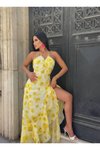 Sarı Uzun Şifon Çiçek Desenli Premium Fırfırlı Elbise