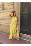 Sarı Uzun Şifon Çiçek Desenli Premium Fırfırlı Elbise