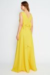 Sarı Uzun Sırtı Fiyonklu Süs Düğmeli V Yaka Kloş Abiye Elbise