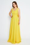 Sarı Uzun Sırtı Fiyonklu Süs Düğmeli V Yaka Kloş Abiye Elbise