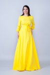 Sarı Yuvarlak Yaka Uzun Kol Dokuma Kumaş Beli Büzgülü Kuşaklı Cepli Tesettür Abiye Elbise
