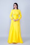 Sarı Yuvarlak Yaka Uzun Kol Dokuma Kumaş Beli Büzgülü Kuşaklı Cepli Tesettür Abiye Elbise