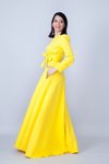 Sarı Yuvarlak Yaka Uzun Kol Dokuma Kumaş Beli Büzgülü Kuşaklı Cepli Tesettür Abiye Elbise