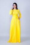Sarı Yuvarlak Yaka Uzun Kol Dokuma Kumaş Beli Büzgülü Kuşaklı Cepli Tesettür Abiye Elbise