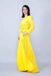 Sarı Yuvarlak Yaka Uzun Kol Dokuma Kumaş Beli Büzgülü Kuşaklı Cepli Tesettür Abiye Elbise