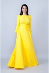Sarı Yuvarlak Yaka Uzun Kol Dokuma Kumaş Beli Büzgülü Kuşaklı Cepli Tesettür Abiye Elbise