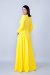 Sarı Yuvarlak Yaka Uzun Kol Dokuma Kumaş Beli Büzgülü Kuşakl ı Cepli Tesettür Abiye Elbise