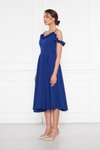 Sax Mavi Midi Ayarlanabilir Askılı Yaka Fırfır Detay Dokuma Kumaş Pileli Kloş Abiye Elbise