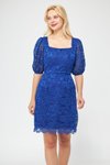 Sax Mini Mavi Fransız Dantel Balon Kol Kare Yaka Abiye Elbise