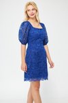 Sax Mini Mavi Fransız Dantel Balon Kol Kare Yaka Abiye Elbise