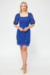 Sax Mini Mavi Fransız Dantel Balon Kol Kare Yaka Abiye Elbise