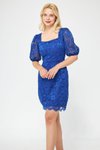 Sax Mini Mavi Fransız Dantel Balon Kol Kare Yaka Abiye Elbise