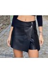 Siyah Asimetrik Çıtçıtlı Beli Lastikli Arkadan Fermuarlı Mini Deri Şort Etek