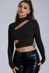Siyah Asimetrik Gögüs Ve Yan Dekolteli Uzun Kol Crop Top