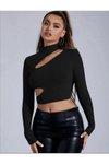 Siyah Asimetrik Gögüs Ve Yan Dekolteli Uzun Kol Crop Top