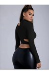 Siyah Asimetrik Gögüs Ve Yan Dekolteli Uzun Kol Crop Top