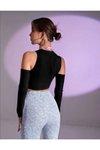 Siyah Asimetrik Omuz Ve Göğüs Detay Uzun Kollu Cutout Crop Bluz