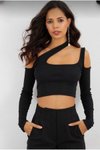 Siyah Asimetrik Omuz Ve Göğüs Detay Uzun Kollu Cutout Crop Parmak Geçme Bluz