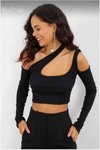 Siyah Asimetrik Omuz Ve Göğüs Detay Uzun Kollu Cutout Crop Parmak Geçme Bluz