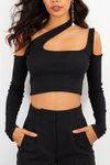 Siyah Asimetrik Yaka Uzun Kol Crop Top Atlet Cut Out Örme Bluz