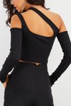 Siyah Asimetrik Yaka Uzun Kol Crop Top Atlet Cut Out Örme Bluz