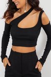 Siyah Asimetrik Yaka Uzun Kol Crop Top Atlet Cut Out Örme Bluz