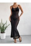 Siyah Askı Boyu Ayarlanabilen Likralı Bodycon Maksi Tül Elbise