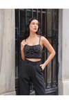 Siyah Askılı Tasarım Taşlı Crop Büstiyer