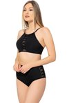 Siyah Bağcıklı Tül Detaylı Yüksek Bel Bikini Takım
