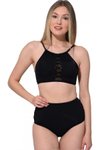 Siyah Bağcıklı Tül Detaylı Yüksek Bel Bikini Takım