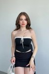 Siyah Bağlama Detaylı Kontrast Crop Bluz