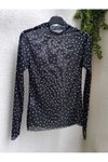 Siyah Balıkçı Yaka Bodycon Parmak Geçmeli Likralı Puantiyeli Tüllü Tarz Bluz