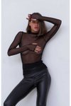 Siyah Balıkçı Yaka Bodycon Parmak Geçmeli Likralı Tüllü Tarz Bluz
