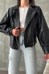 Siyah Balon Kol Oversize Tarz Deri Ceket