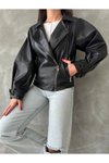 Siyah Balon Kol Oversize Tarz Deri Ceket