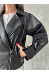 Siyah Balon Kol Oversize Tarz Deri Ceket