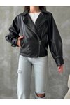 Siyah Balon Kol Oversize Tarz Deri Ceket