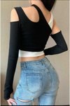 Siyah Beyaz Asimetrik Kesik Ikili Ayrı Parça Takım Parmak Geçmeli Crop Bluz