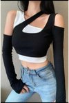 Siyah Beyaz Asimetrik Kesik Ikili Ayrı Parça Takım Parmak Geçmeli Crop Bluz