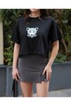 Siyah Bisiklet Yaka Kısa Kollu Oversize Crop Tshirt