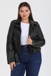 Siyah Büyük Beden Kemerli Deri Biker Ceket